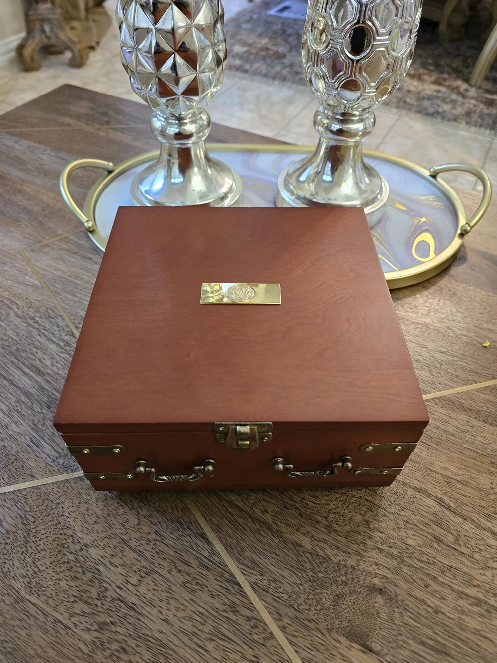 Bulova Wooden Box Wall Clock in Brown with Brass Accents